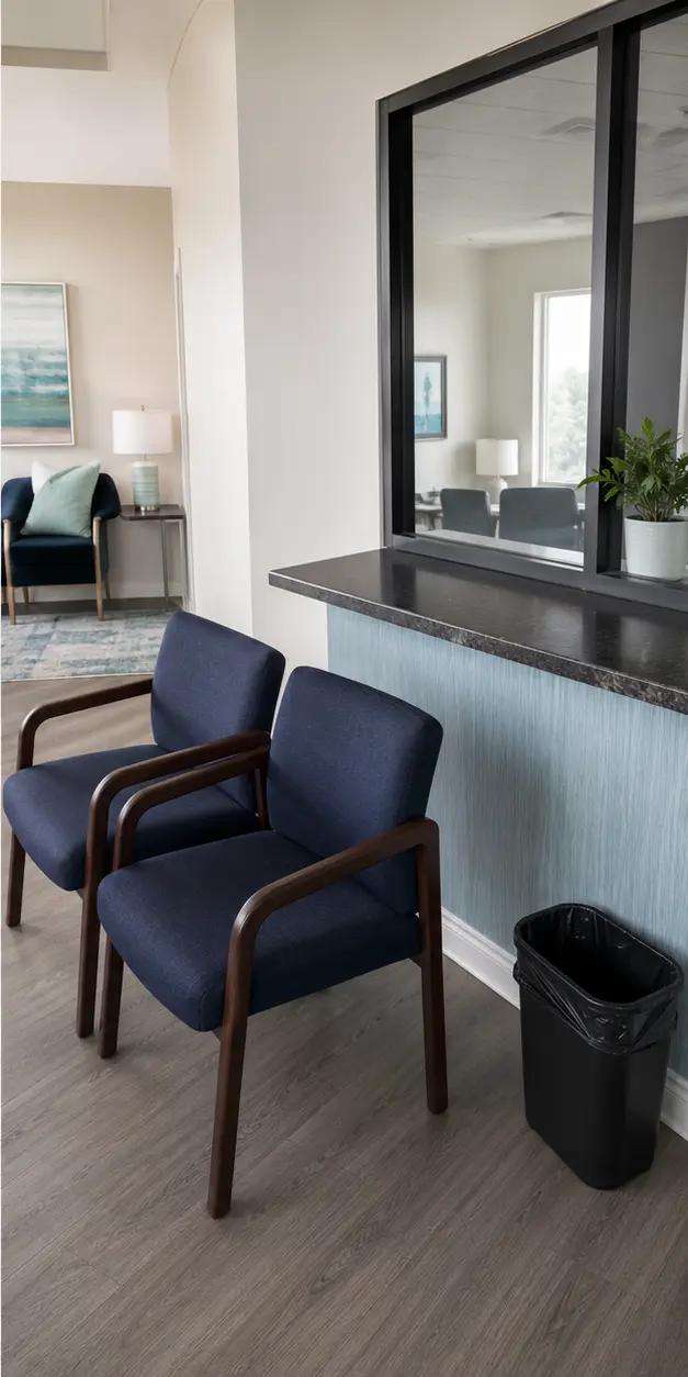 A clean small office waiting room after service